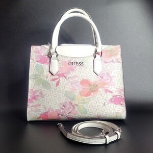 Guess White Multi Pastel Pink Green Watercolor Floral G Monogram Handbag NWT